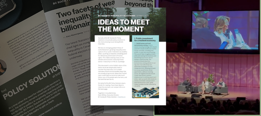 Ideas to meet the moment (pamphlet cover) and a photo of Naomi Klein and Seth Klein talking about it on stage